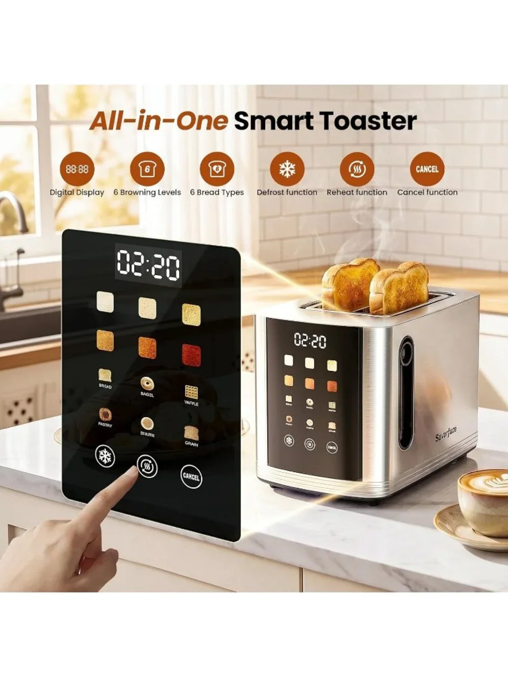 2 Slice Silver Touch Screen Digital Countdown Stainless Steel Toaster Wide Slot